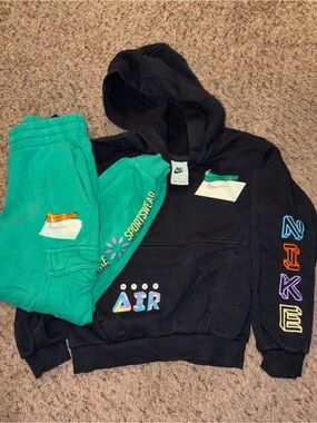 Nike Black Hoodie & Teal Green Sweatpants Set with Multicolor Graphics